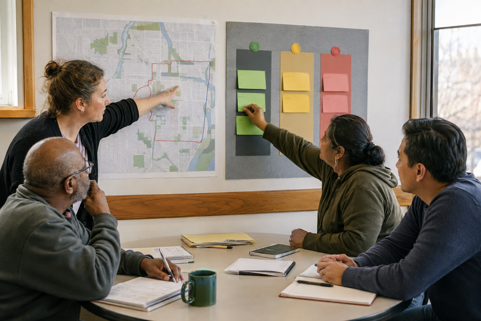 A public-health planner and three community representatives review a neighborhood map and place feedback cards into decision columns.