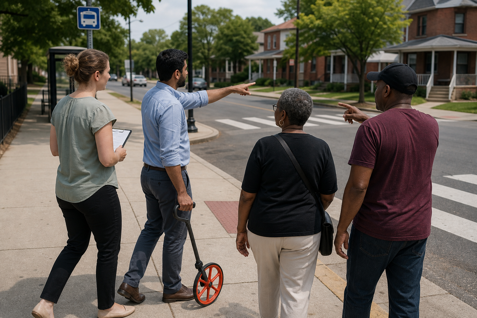 Public-health staff and neighborhood residents conducting a joint walk-through near a bus stop