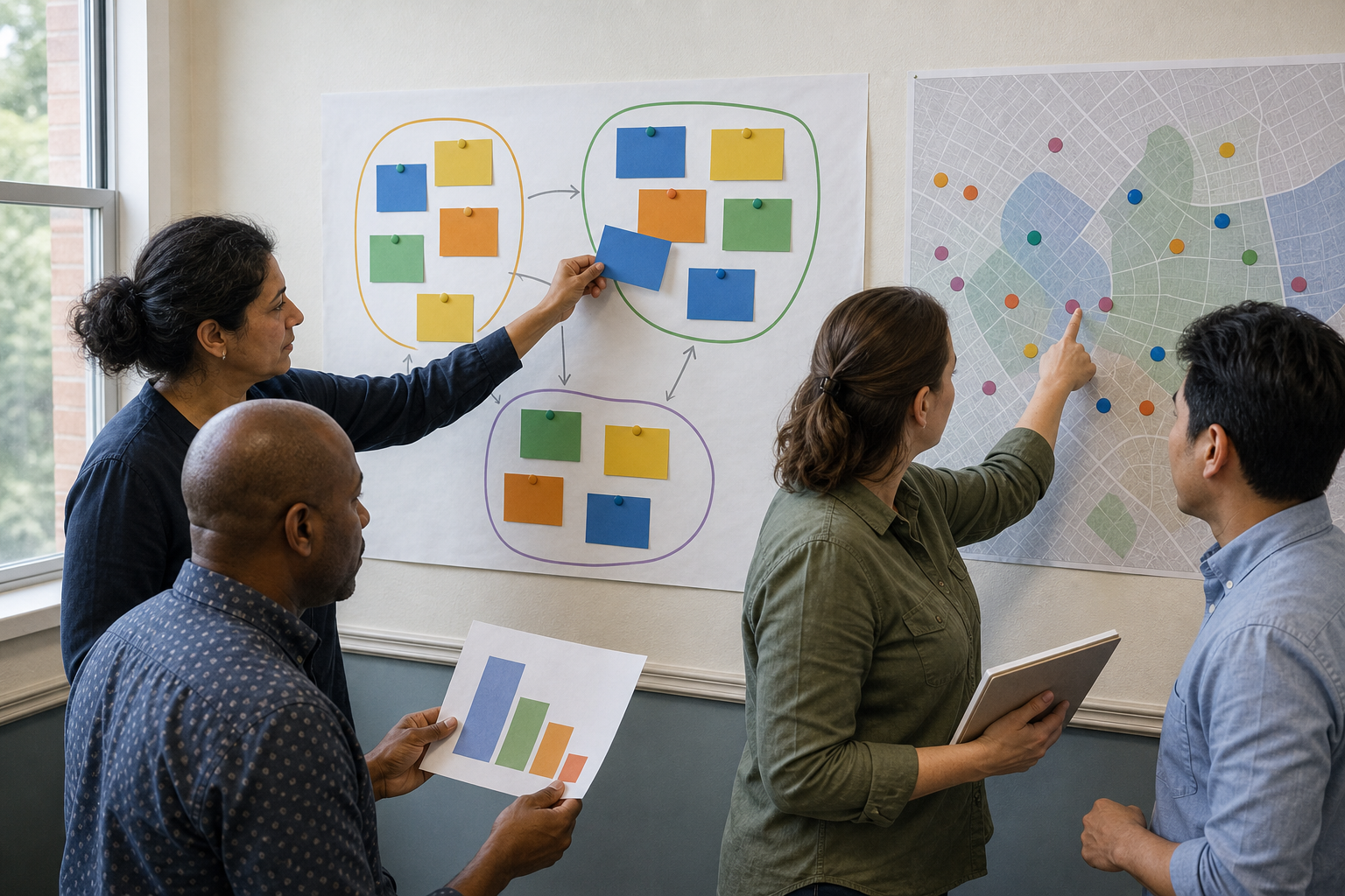 Public-health team moving an evidence card between clusters on a causal map