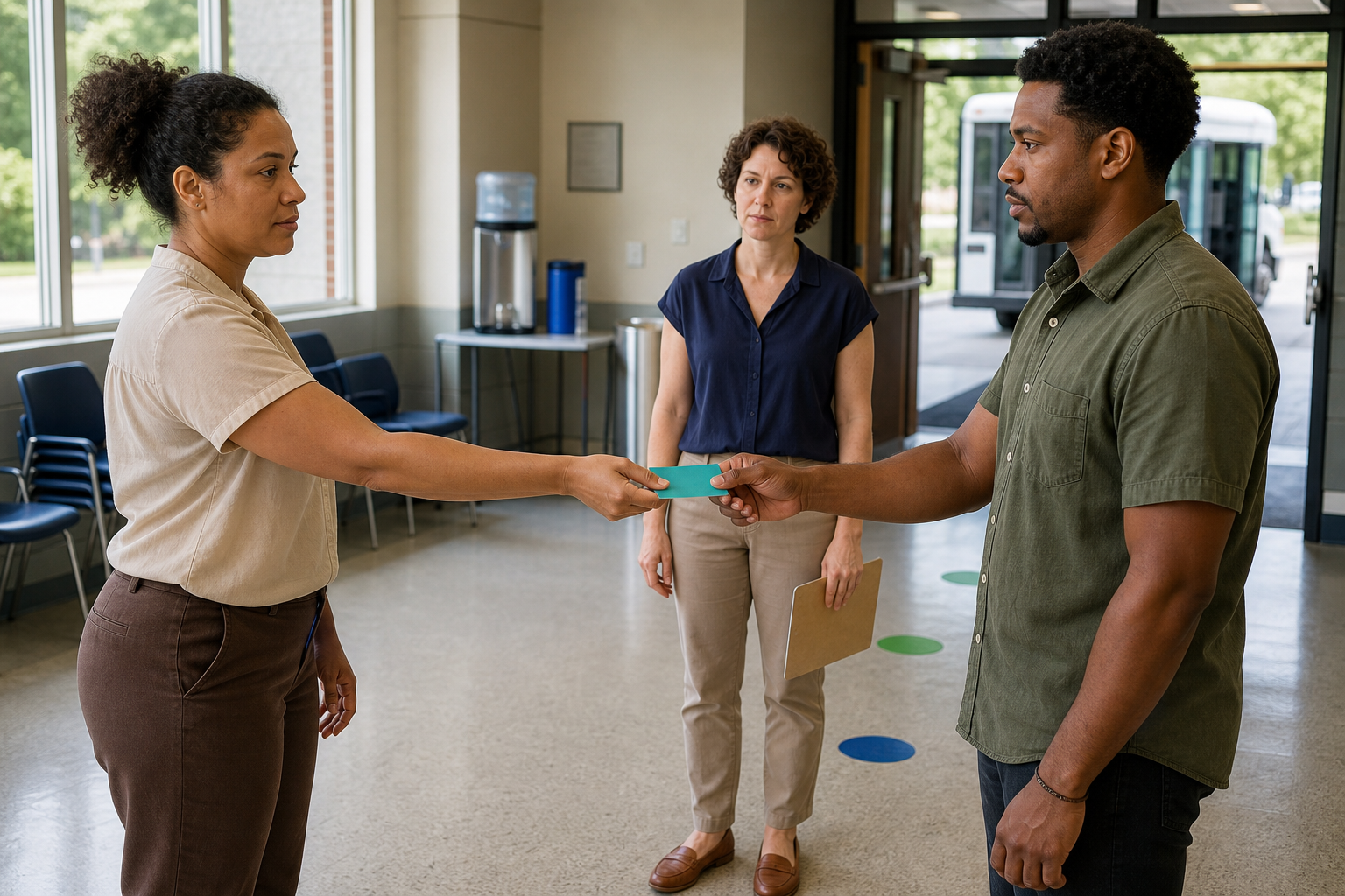 An outreach worker passes a colored referral card to a transport coordinator while a public-health planner observes the handoff in a community-center lobby.